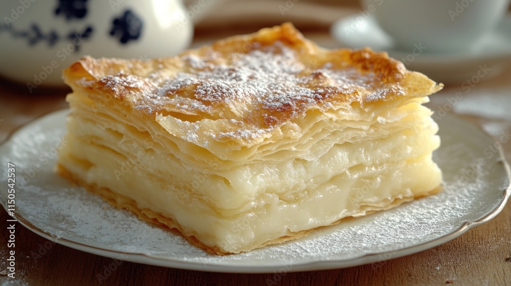 Delicious layered pastry with custard filling, dusted with powdered sugar on a plate. Delicious layered pastry with custard filling, dusted with powdered sugar on a plate.