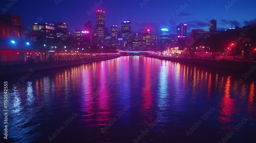 Fototapeta premium Cityscape Night Reflection Neon Lights Water