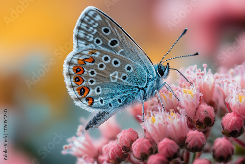 Beautiful butterfly feeding on pink flower in nature close up macro photography