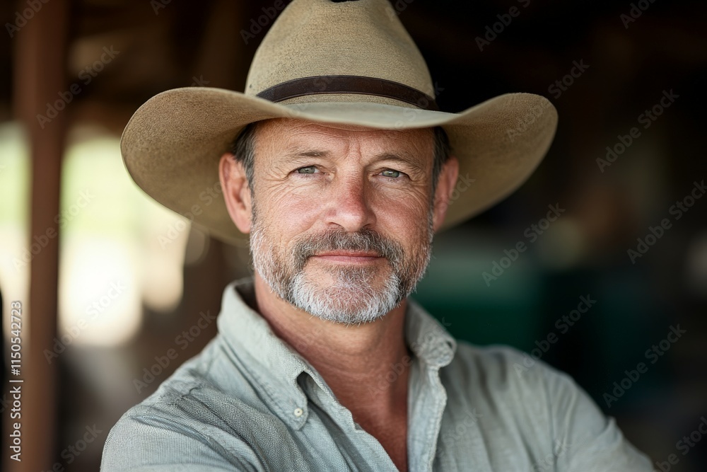 Mature man wearing a cowboy hat poses confidently at a rural ranch during a sunny day in the countryside Mature man wearing a cowboy hat poses confidently at a rural ranch during a sunny day in the countryside