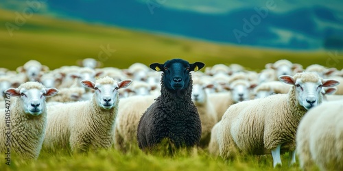 Black sheep stands in a field of white sheep photo