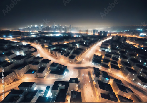 Nighttime Road Blurred With Cityscape, Distant Birds Viewed From High Altitude, Chaotic Urban Scene Appears Fuzzy And Disorienting.