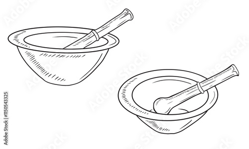 Set of realistic metal pestle and mortar in bowl for poppy seed spices grinding. Hand drawn vector sketch illustration engraving doodle outline vintage line art style. Cuisine cooking preparation