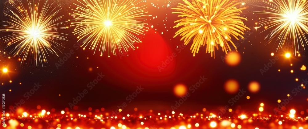 Naklejka premium Fireworks display, golden explosions, red sky, night celebration, sparkling lights, festive atmosphere, panoramic view, holiday spectacle, vibrant colors, glowing embers, cityscape silhouette, new yea