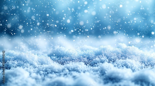 A close-up of fresh snow falling on a snowy surface. Soft blue tones.