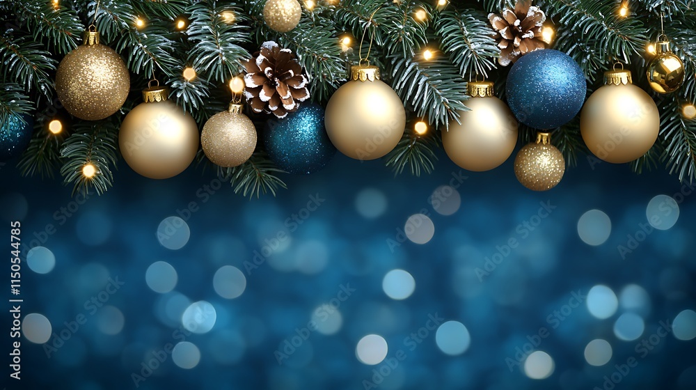 Christmas ornaments, gold and blue, on a dark-blue background with lights and pine branches.
Christmas ornaments, gold and blue, on a dark-blue background with lights and pine branches.