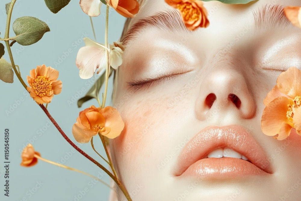 Close-up of a woman's face surrounded by delicate flowers in soft natural light Close-up of a woman's face surrounded by delicate flowers in soft natural light