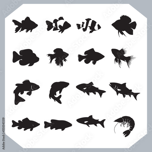 Seamless Fish Silhouette Logotype Icons Collection for Marine, Seafood, and Fishing Businesses in white background