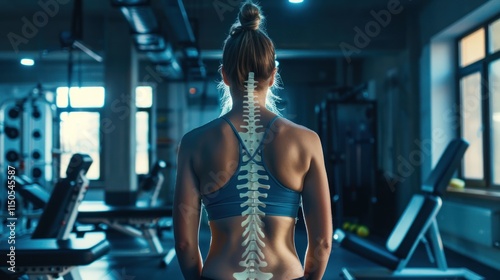 Woman's spine highlighted in a gym.