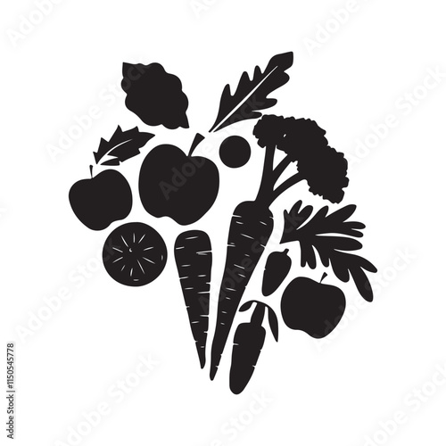 Black and White Silhouette of Fresh Fruits and Vegetables