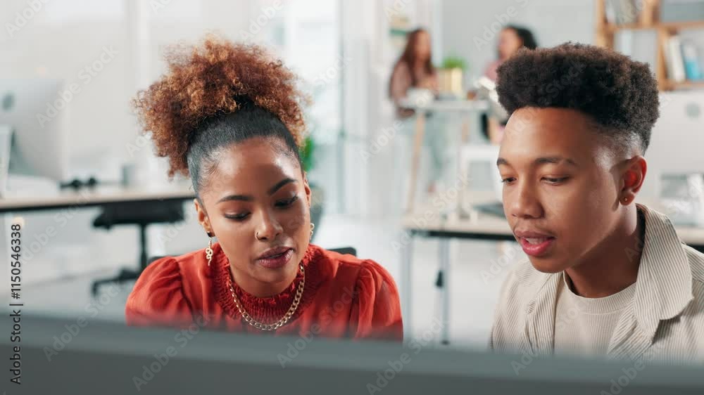 Office, web designer and computer with coaching, talking and pointing for teamwork or support. People, mentor and digital technology as internship or career in creative agency, coworking and feedback