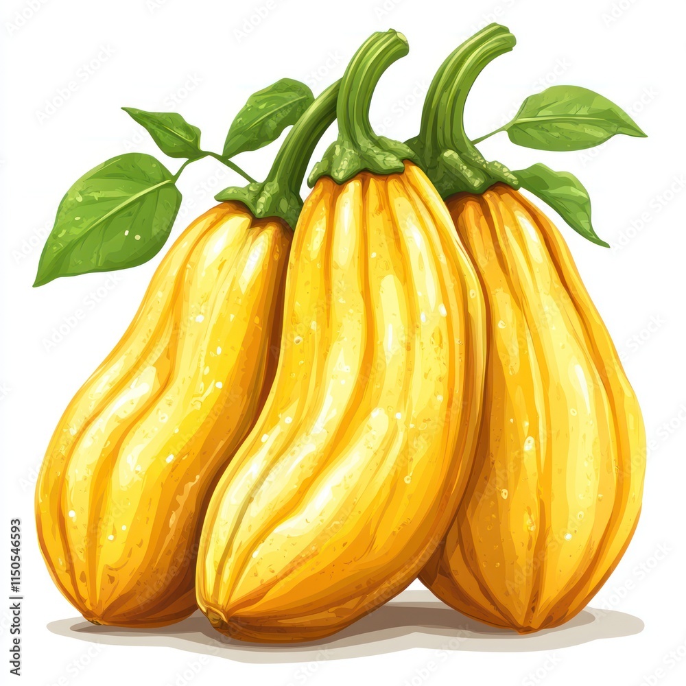 Three Yellow Squash with Green Leaves Displayed Together Three Yellow Squash with Green Leaves Displayed Together