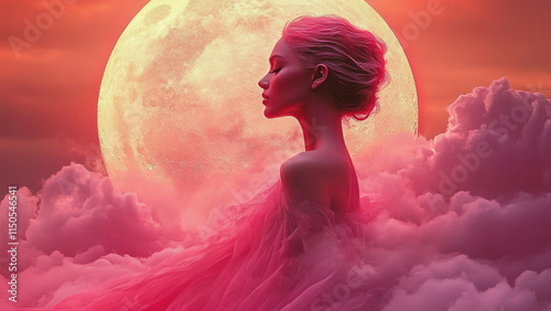 Elegant woman surrounded by pink clouds with a giant moon in the background.