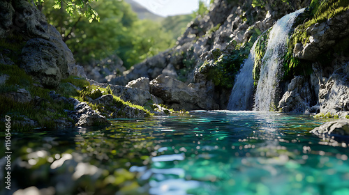 Fototapeta Naklejka Na Ścianę i Meble -  A beautiful waterfall is flowing down a rocky mountain