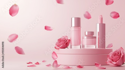 Pink product podium placement on solid background with rose petals falling. Luxury premium beauty, fashion, cosmetic and spa gift stand presentation. Valentine day present showcase.