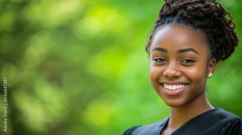 A young African American woman smiles brightly in her graduation gown, celebrating her achievements outdoors on a sunny day. Generative AI A young African American woman smiles brightly in her graduation gown, celebrating her achievements outdoors on a sunny day. Generative AI