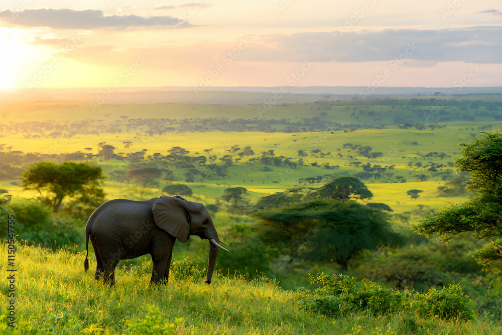 Fototapeta premium Majestic Elephant Standing on Hilltop Overlooking Serene African Landscape at Sunset