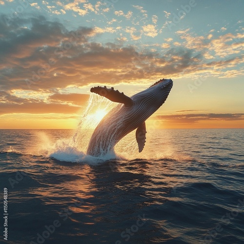 Majestic whale breaching against a vibrant sunset over calm ocean waters photo