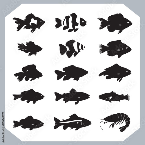 Seamless Fish Silhouette Logotype Icons Collection for Marine, Seafood, and Fishing Businesses in white background