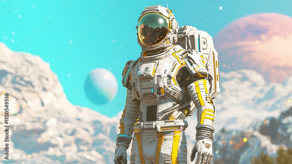 Fototapeta premium Futuristic Space Explorer in Ultra-Detailed Spacesuit Admiring Distant Planets and Stars in Zero Gravity Exploration - 3D Render Digital Artwork