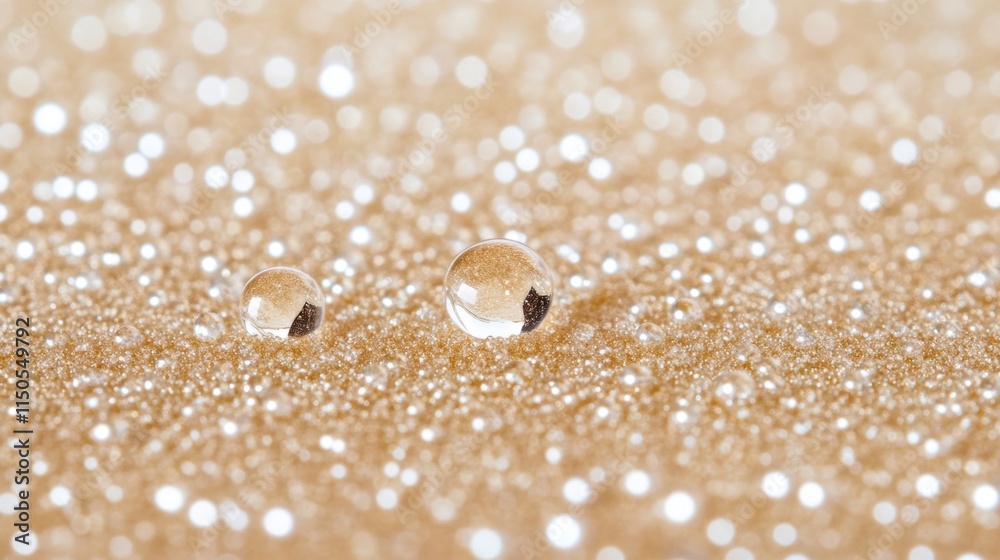 Macro shot of transparent water droplets on a sparkling golden surface. Macro shot of transparent water droplets on a sparkling golden surface.