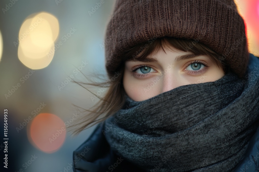 Young woman with striking blue eyes wearing a brown beanie and gray scarf in a blurred urban environment during winter Young woman with striking blue eyes wearing a brown beanie and gray scarf in a blurred urban environment during winter
