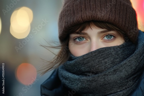 Young woman with striking blue eyes wearing a brown beanie and gray scarf in a blurred urban environment during winter