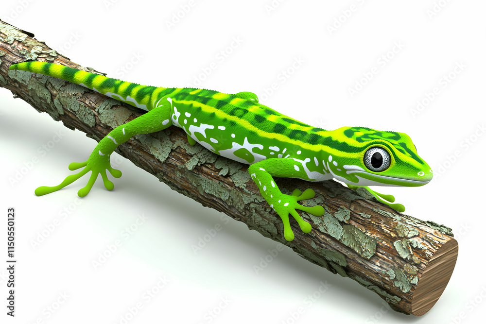 Fototapeta premium Bright Green Lizard with Unique Patterns Clinging to a Mossy Log in a Vibrant Natural Environment
