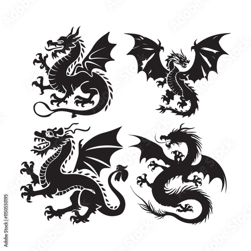 Four Majestic Black and White Dragon Silhouettes photo