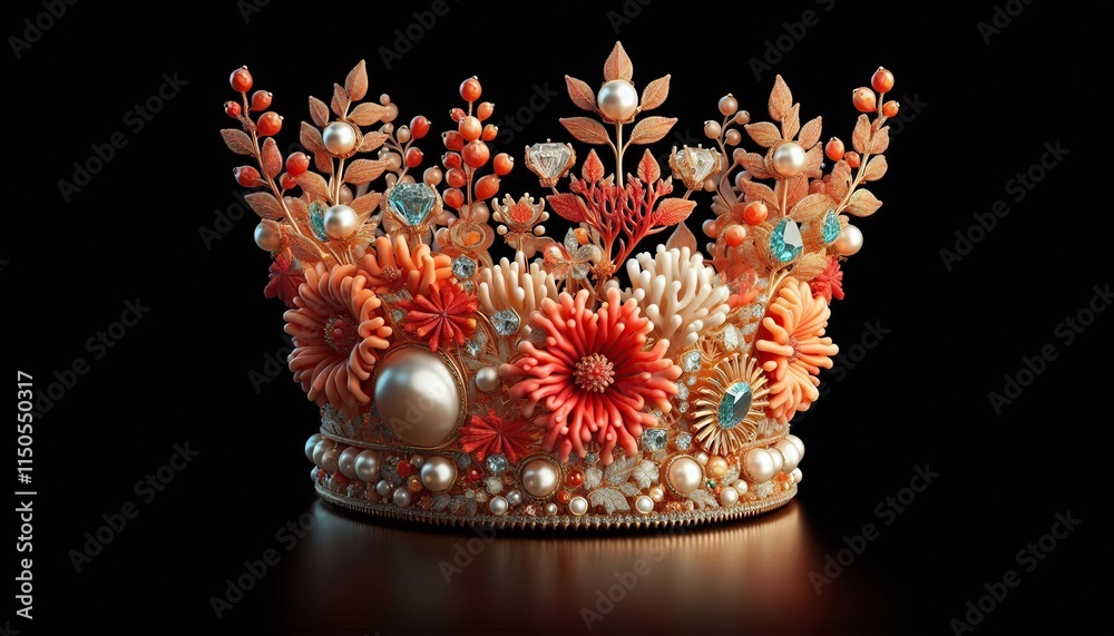 Coral Style Crown with Gems on Black Background Coral Style Crown with Gems on Black Background