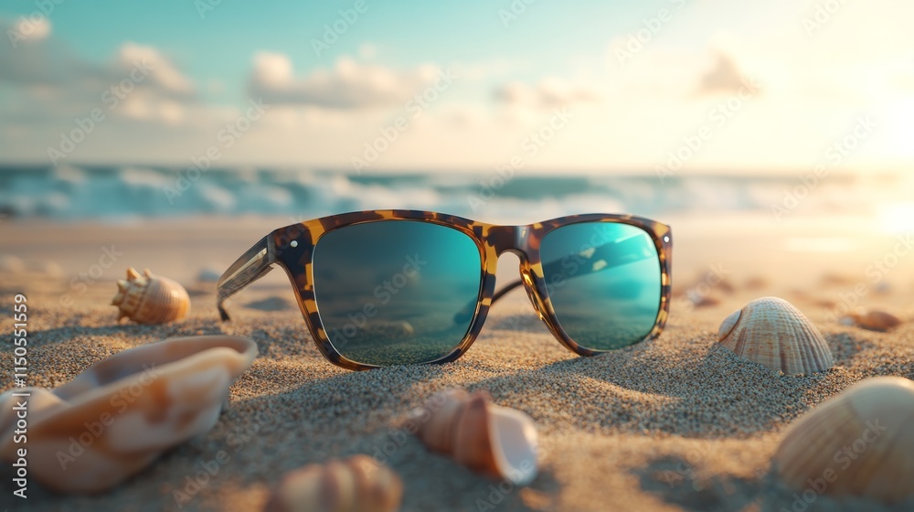 Sunglasses resting on sandy beach with seashells and ocean in the background. Sunglasses resting on sandy beach with seashells and ocean in the background.