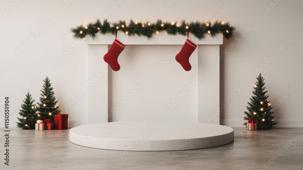 Fototapeta premium Christmas mantelpiece decorated with garland, red stockings, and miniature Christmas trees.