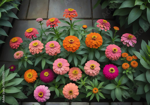 Wallpaper Mural Pink And Orange Zinnia Flowers Bloom Against A Moody Garden Backdrop With Elegant Zinnia Flowers Above In An Overhead View Of Flowers. Torontodigital.ca