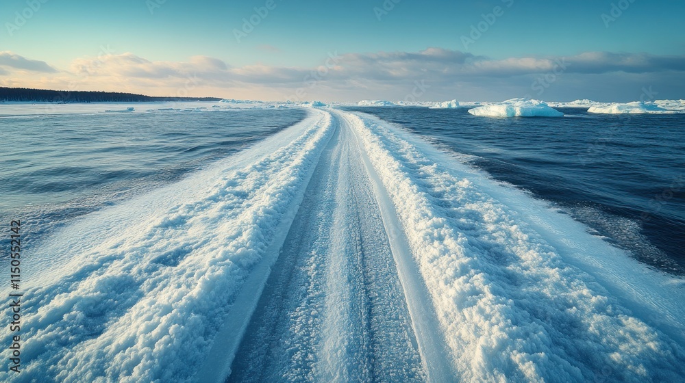 Frozen ocean road with icebergs. Frozen ocean road with icebergs.