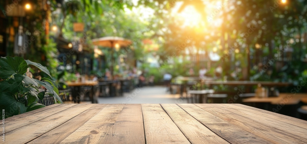 Wooden table with a blurred background of a garden cafe in sunlight, providing a panoramic view for a product display montage. Wooden table with a blurred background of a garden cafe in sunlight, providing a panoramic view for a product display montage.
