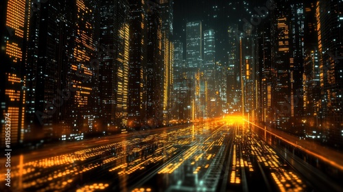 Futuristic city at night with glowing orange lights and motion blur effect. photo