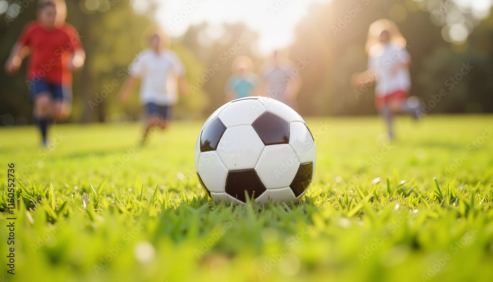 Close-up of a soccer ball on green grass with children playing in the background during sunset Close-up of a soccer ball on green grass with children playing in the background during sunset