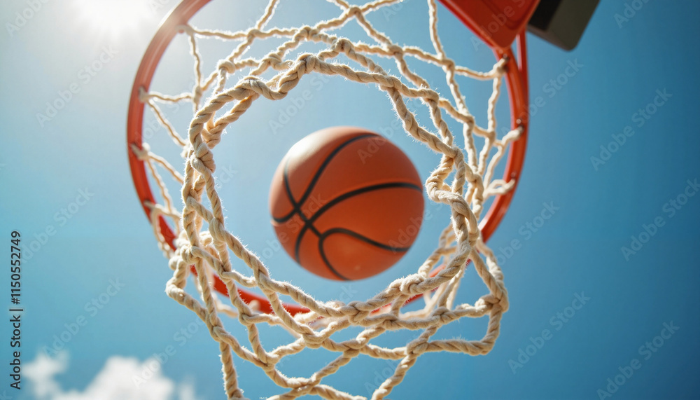 Close-up of a basketball going through the hoop against a clear blue sky Close-up of a basketball going through the hoop against a clear blue sky