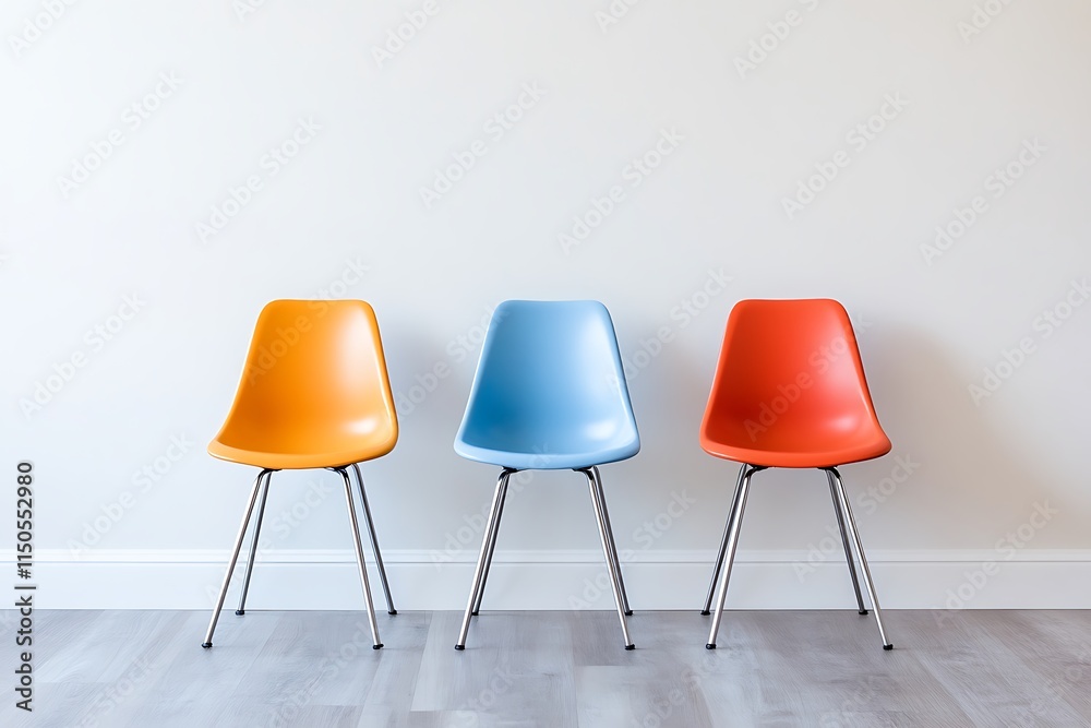 Obraz premium Three empty colorful chairs in waiting room facing white wall