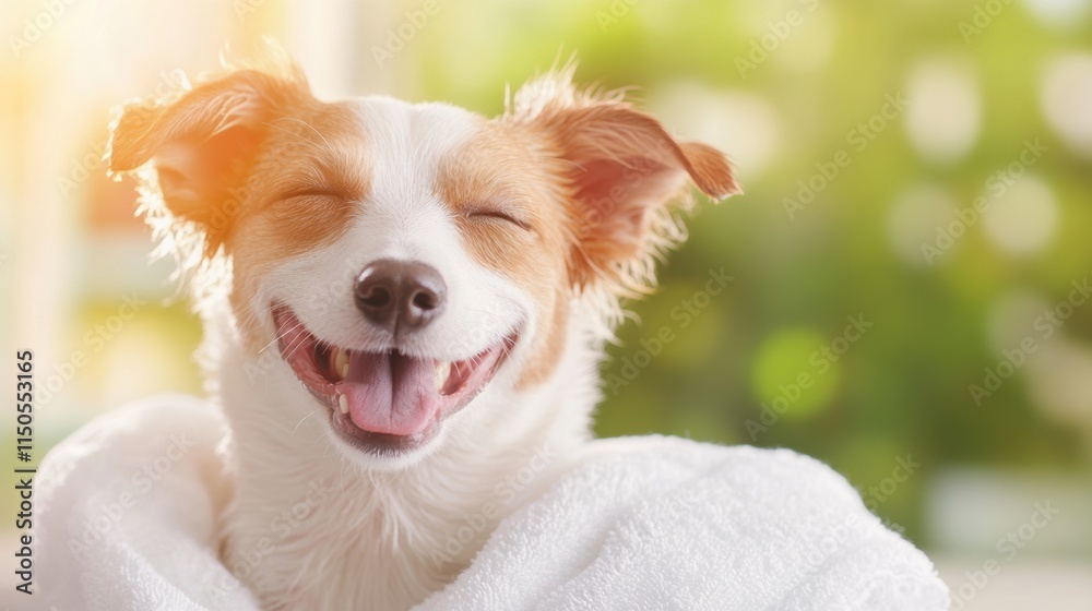 Smiling dog wrapped in white towel outdoors. Close-up portrait with blurred green background. Smiling dog wrapped in white towel outdoors. Close-up portrait with blurred green background.
