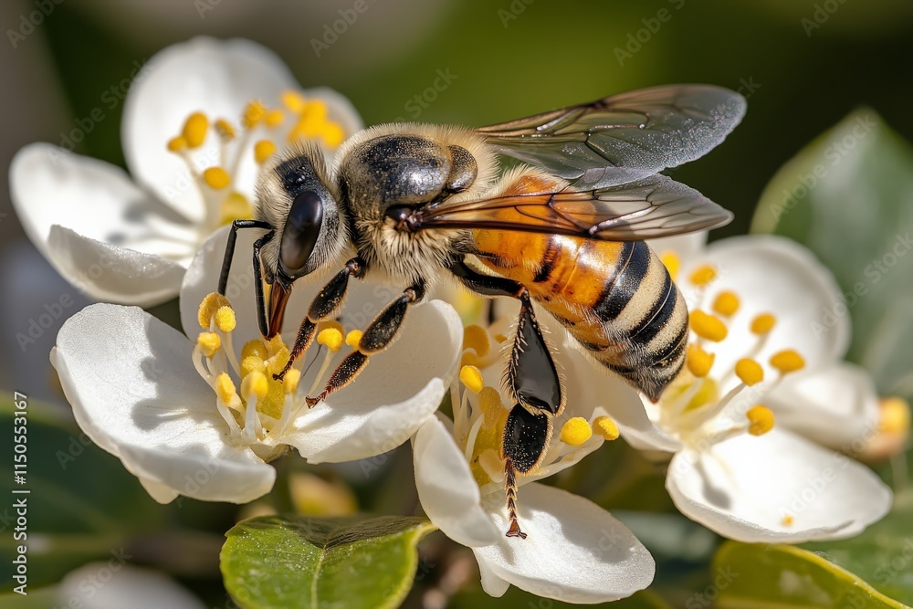 Close-up of a bee collecting pollen from white flowering plants in daylight Close-up of a bee collecting pollen from white flowering plants in daylight