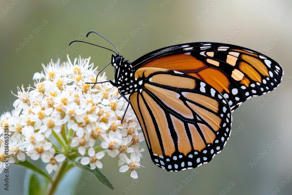 Fototapeta premium Monarch butterfly resting on white flowers in a garden during the summer afternoon