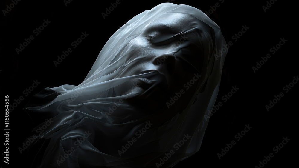 Naklejka premium Mysterious face covered in translucent fabric with dramatic shadows on a dark background.