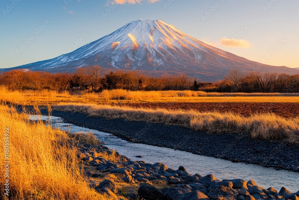 Fototapeta premium Majestic snow capped mountain at sunset over tranquil stream
