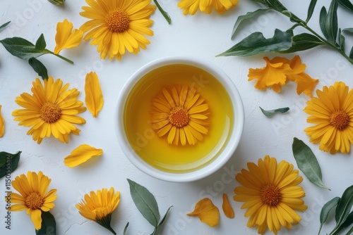 Homemade Calendula infused oil in a bowl, marigold flowers on white background, herbal medicine flat lay, Generative AI photo