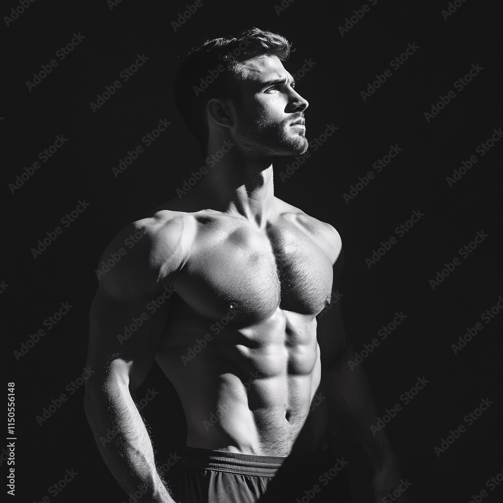 Chiseled physique, dramatic light and shadow play, a muscular man's silhouette, powerfully conveying strength and determination. Chiseled physique, dramatic light and shadow play, a muscular man's silhouette, powerfully conveying strength and determination.