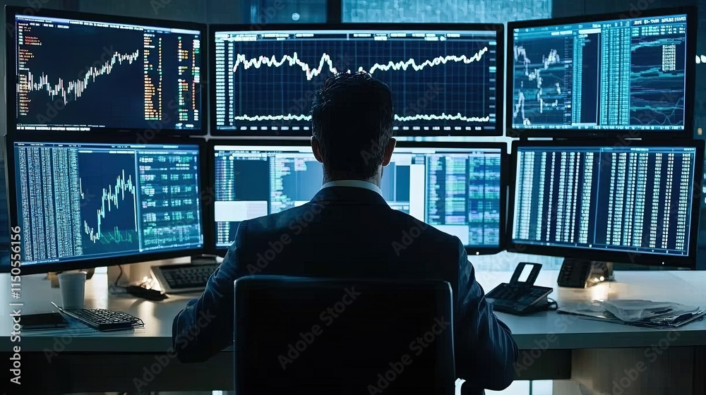A stock trader watching multiple screens displaying fluctuating market data in a modern office.