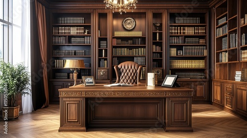 A stylish executive office with a large desk, leather chair, and bookshelves.