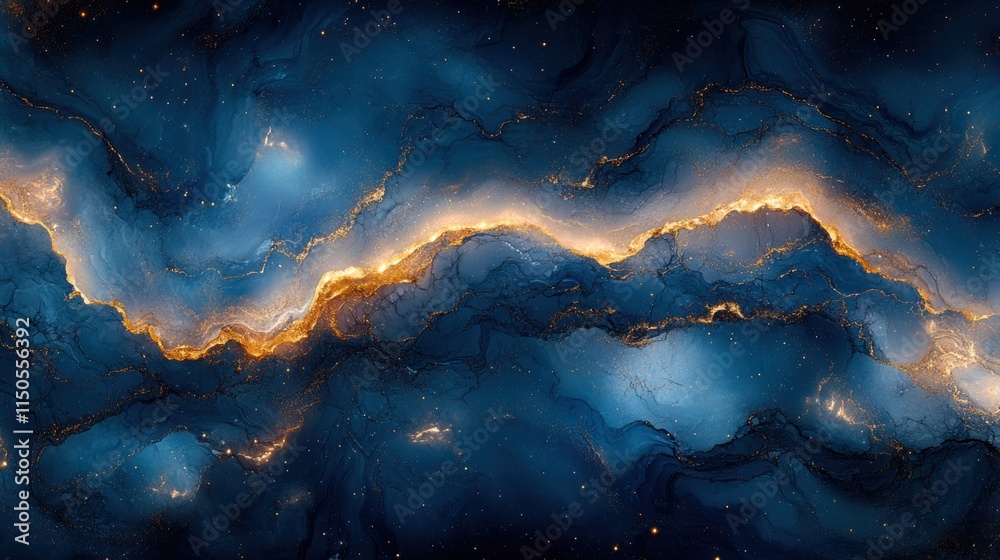 Naklejka premium Abstract cosmic flow: luminous golden and blue nebula in outer space