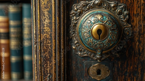 Intricate antique door lock close-up with vintage books in the background